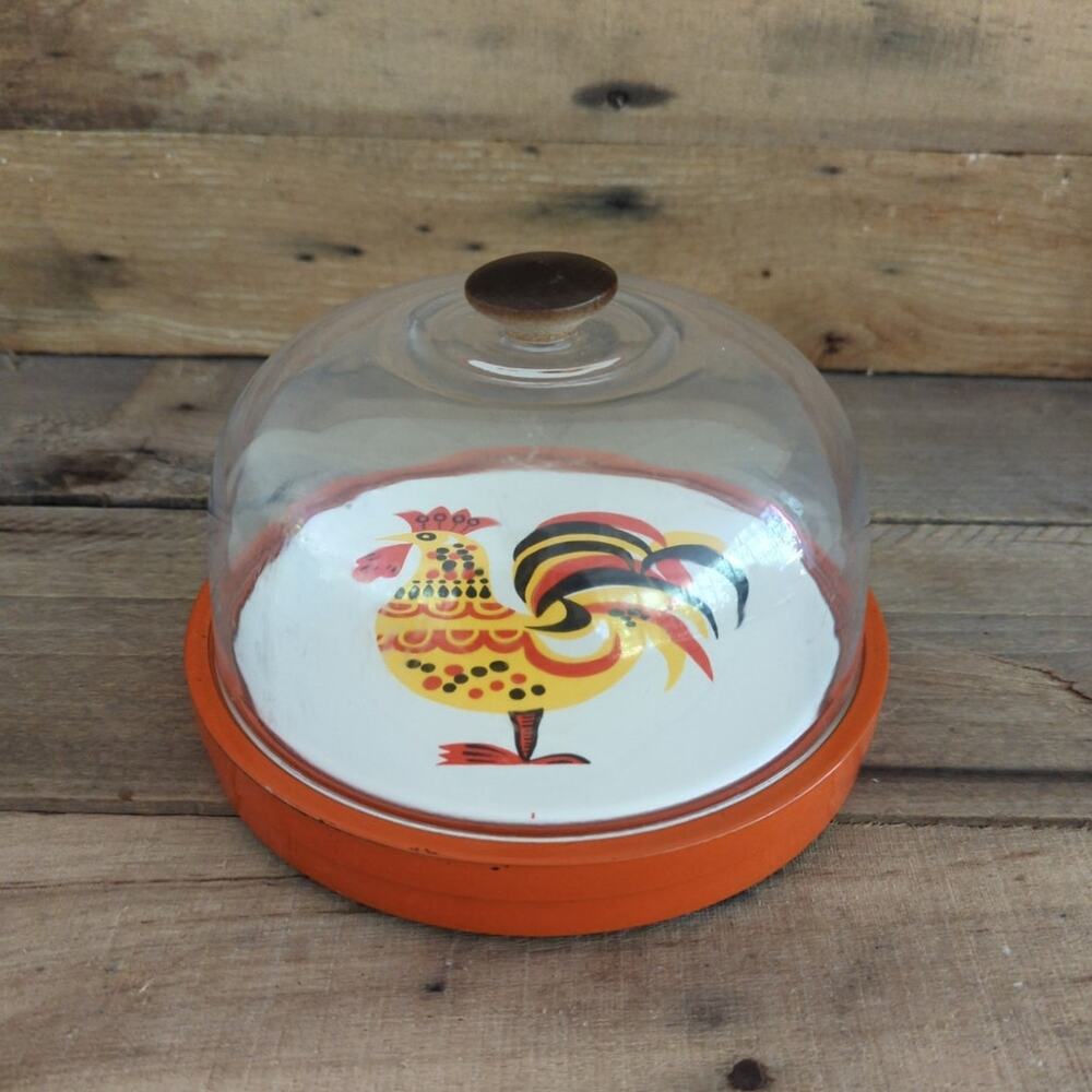 Vintage 1970s Chicken Ceramic Cheese Board with Dome Lid